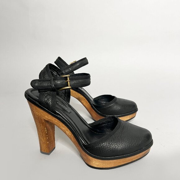 ZARA Size 40 US Size 9 High Wood Heel Platform Mary Jane Black Leather Shoes - Picture 2 of 11